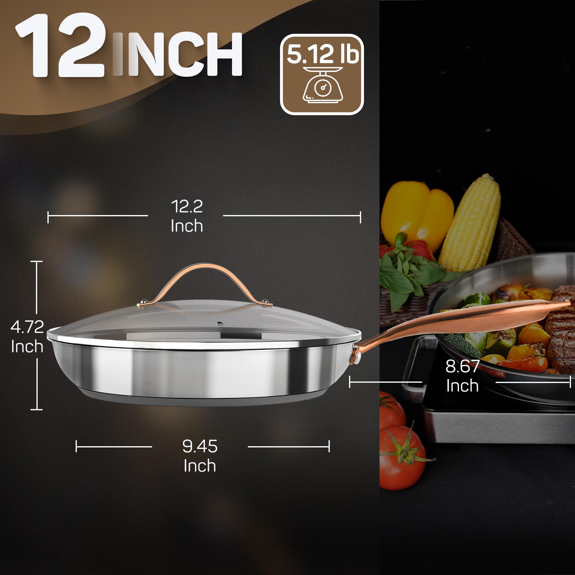 Stainless Steel Frying Pan with Lid, 12 in — Ciwete (view 3)
