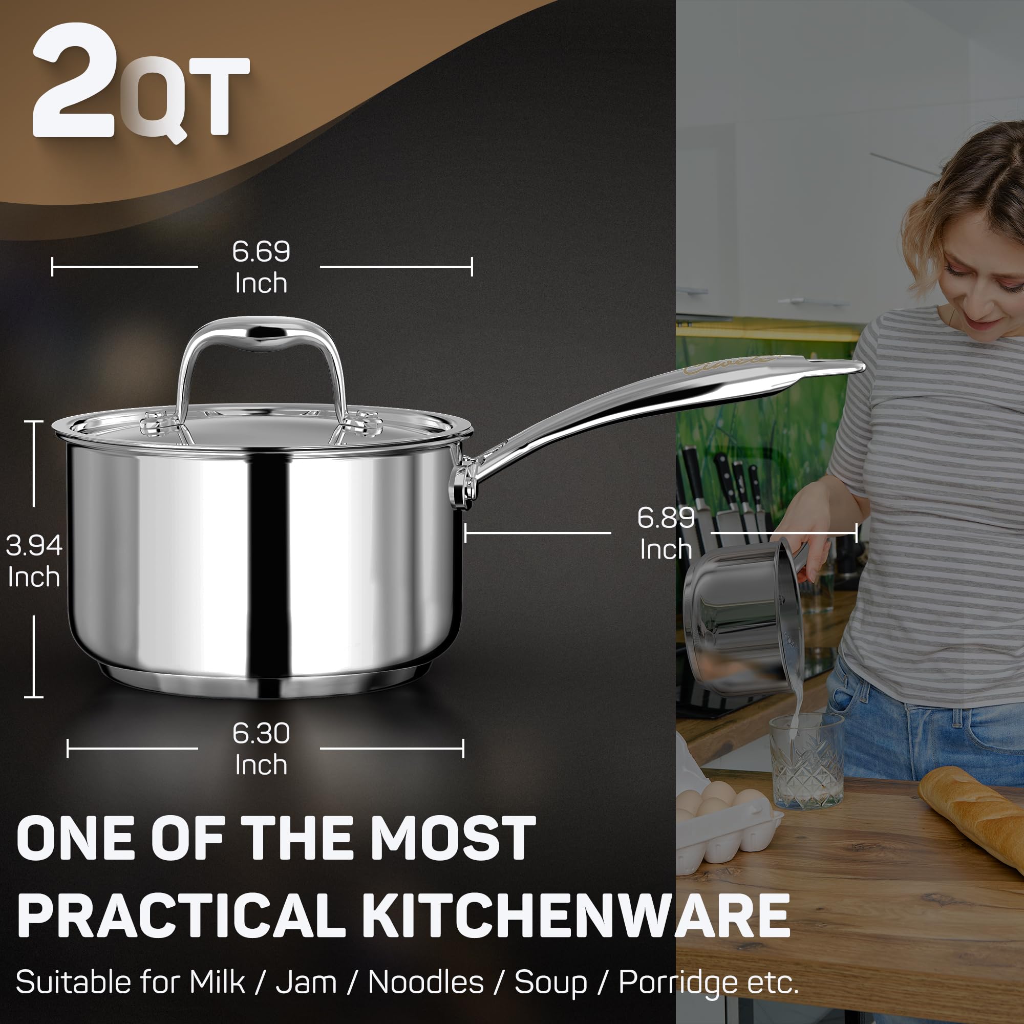 Stainless Steel Sauce Pan with Lid, 2 qt / 1.89 L — Ciwete (view 3)