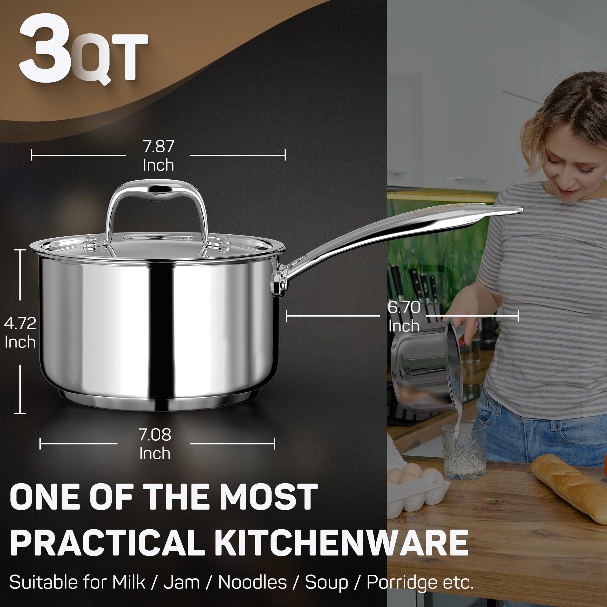 Stainless Steel Sauce Pan with Lid, 3 qt / 2.84 L — Ciwete (view 3)