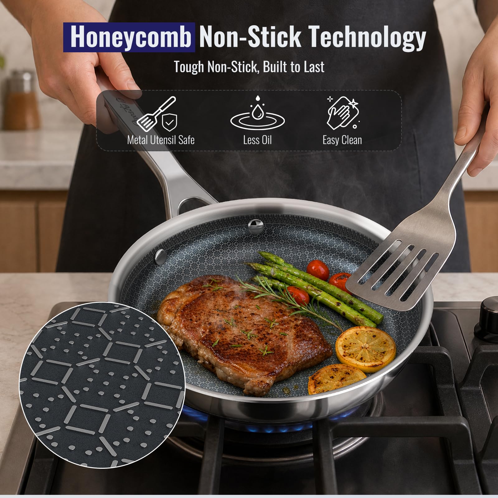 9-Piece Stainless Steel Cookware Set, Hybrid Nonstick Frying Pan — Ciwete (view 4)