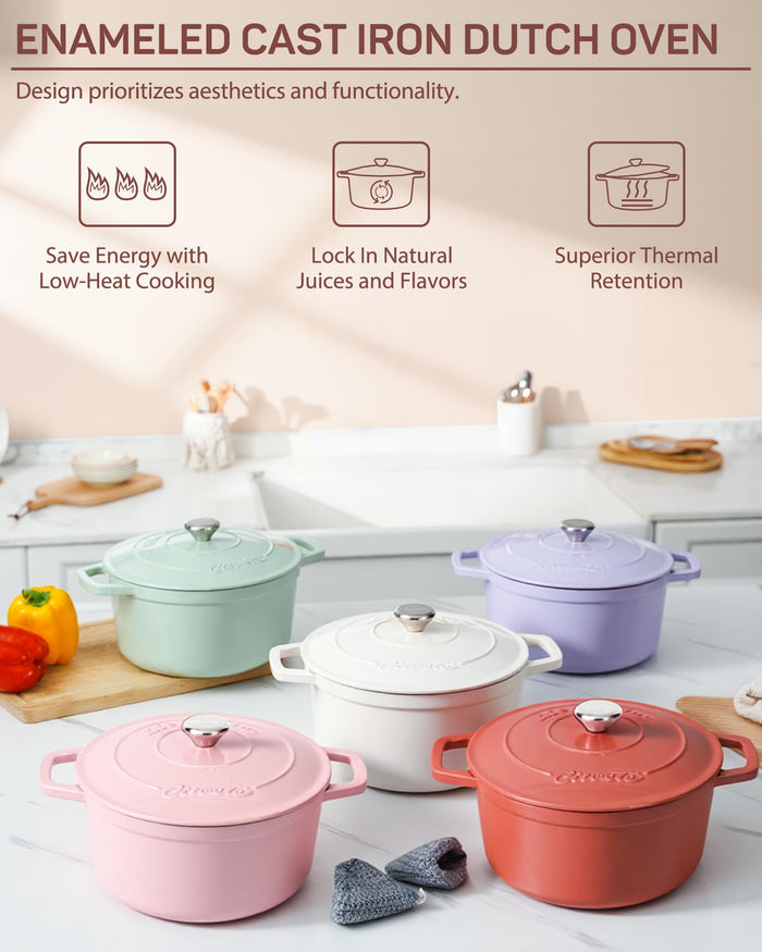 Enameled Cast Iron Dutch Oven, 4.4 qt / 4.16 L, Light Pink — Ciwete (view 4)