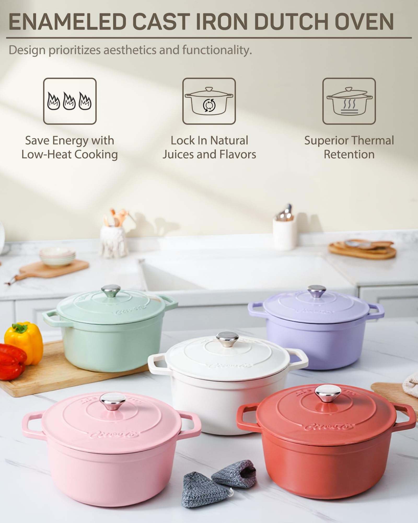 Enameled Cast Iron Dutch Oven, 6 qt / 5.68 L, Cream White — Ciwete (view 5)