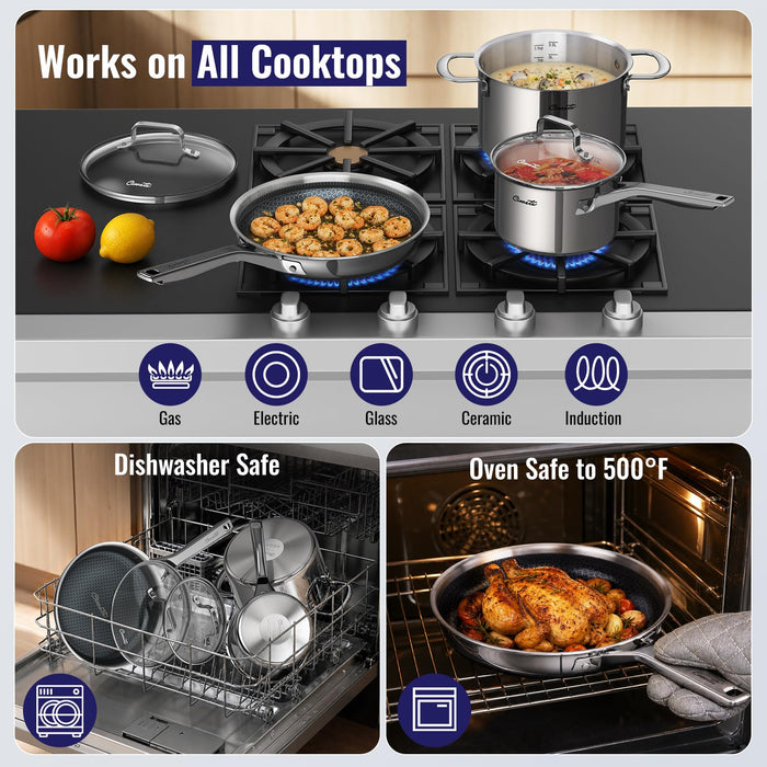 9-Piece Stainless Steel Cookware Set, Hybrid Nonstick Frying Pan — Ciwete (view 5)