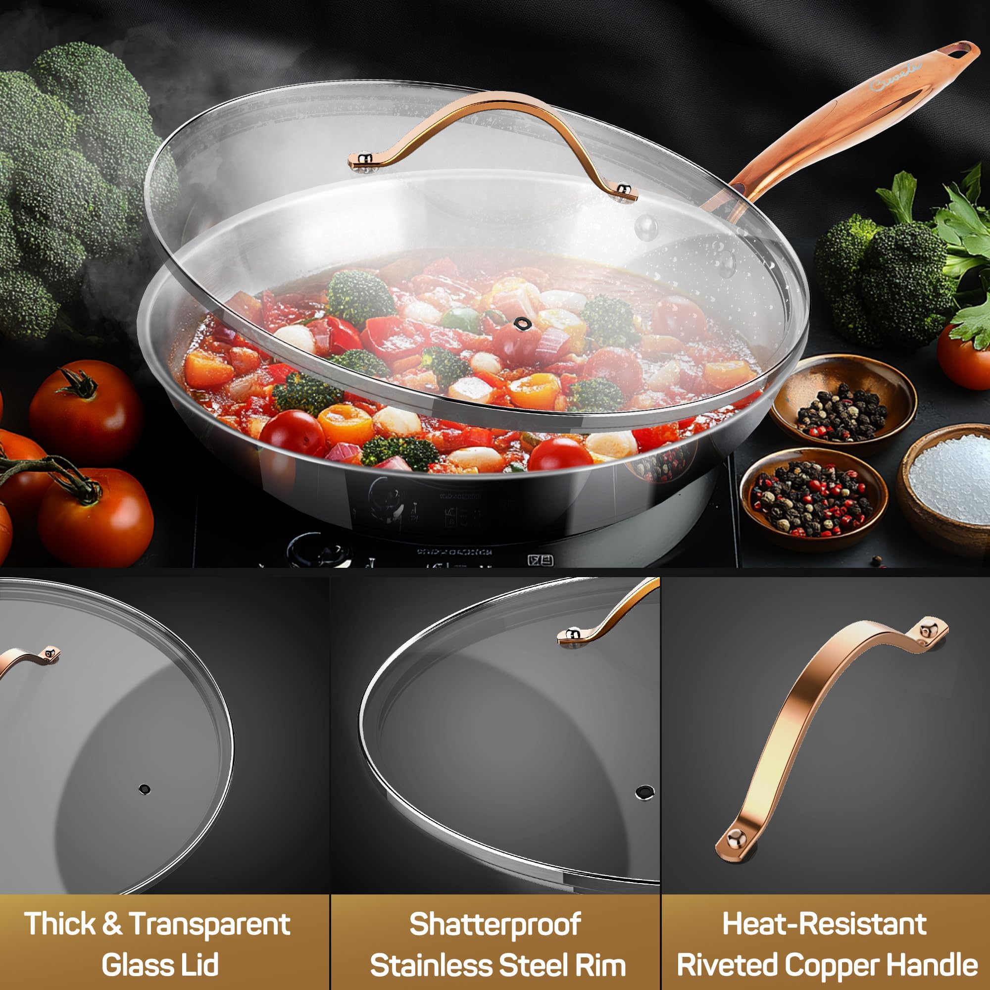 Stainless Steel Frying Pan with Lid, 12 in — Ciwete (view 5)