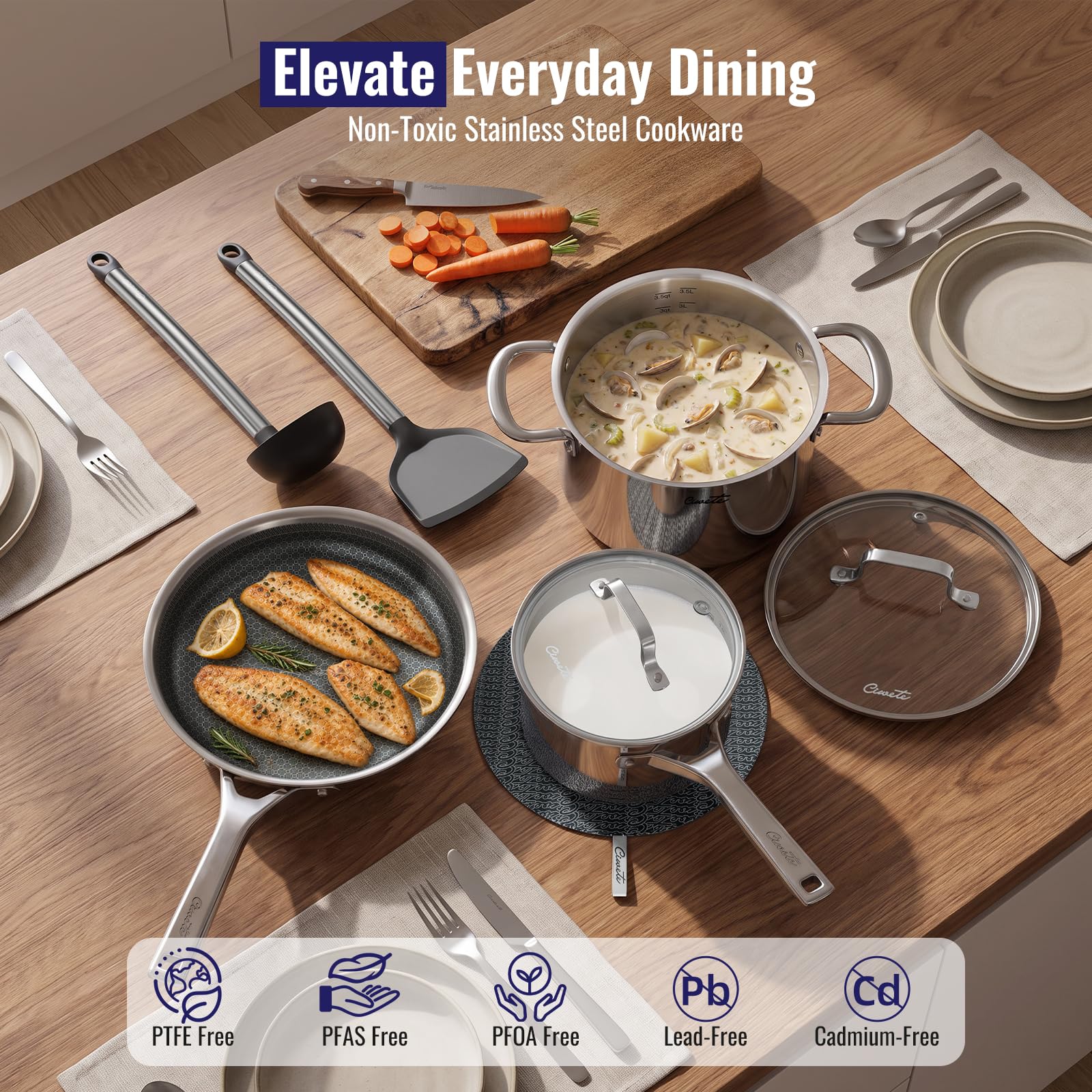 9-Piece Stainless Steel Cookware Set, Hybrid Nonstick Frying Pan — Ciwete (view 6)