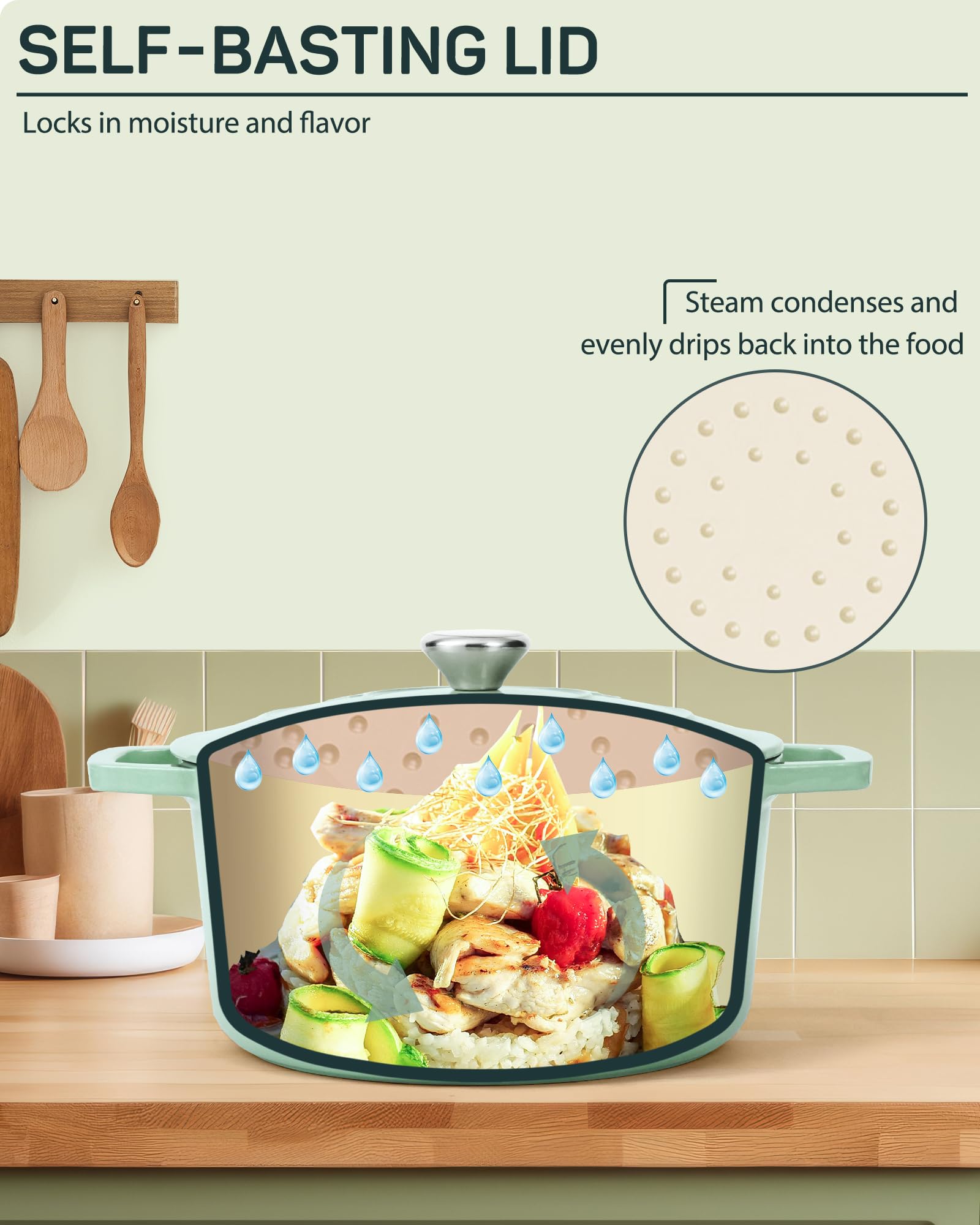 Enameled Cast Iron Dutch Oven, 4.4 qt / 4.16 L, Light Green — Ciwete (view 6)
