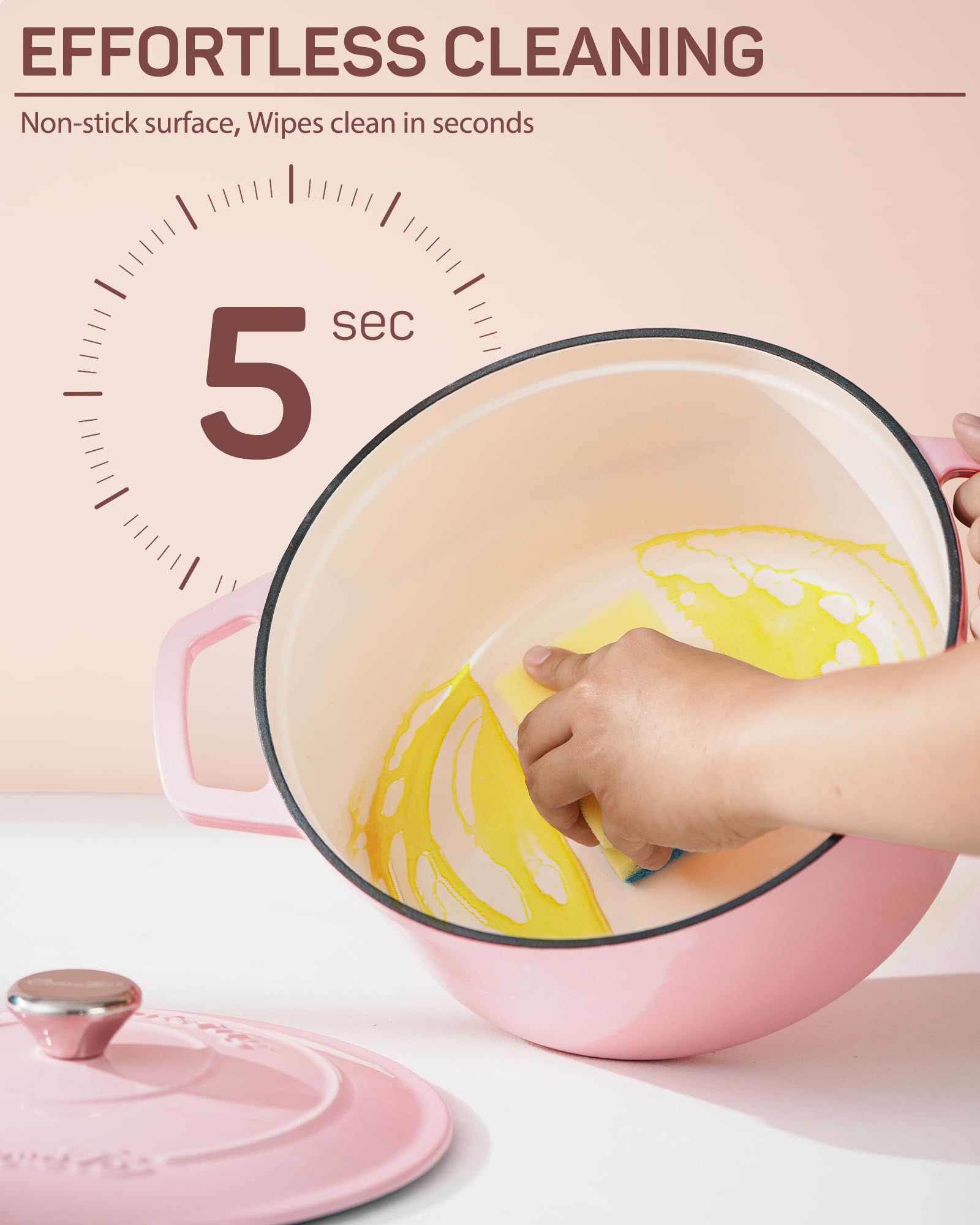 Enameled Cast Iron Dutch Oven, 4.4 qt / 4.16 L, Light Pink — Ciwete (view 7)