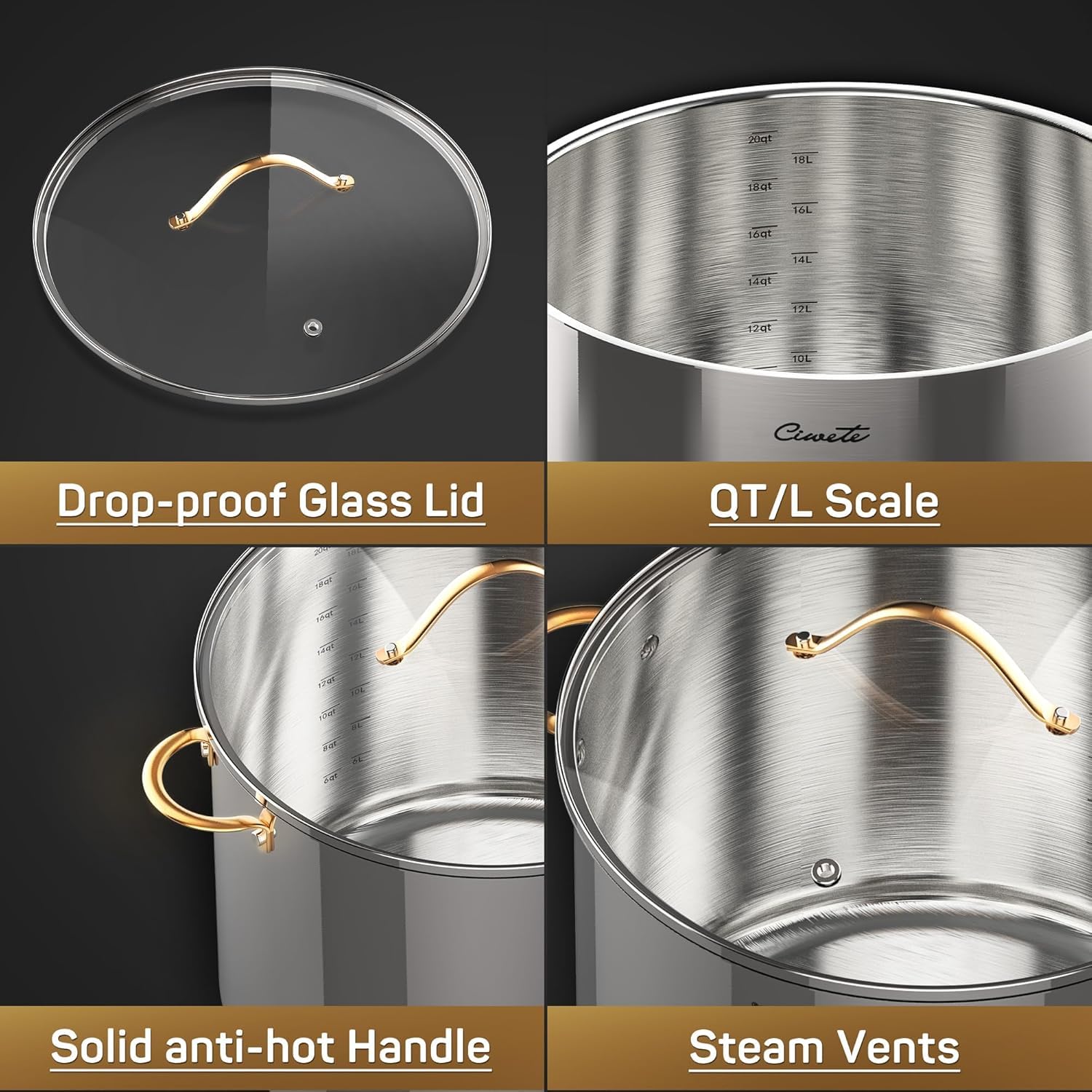 Stainless Steel Stock Pot with Lid, 20 qt / 18.93 L — Ciwete (view 7)