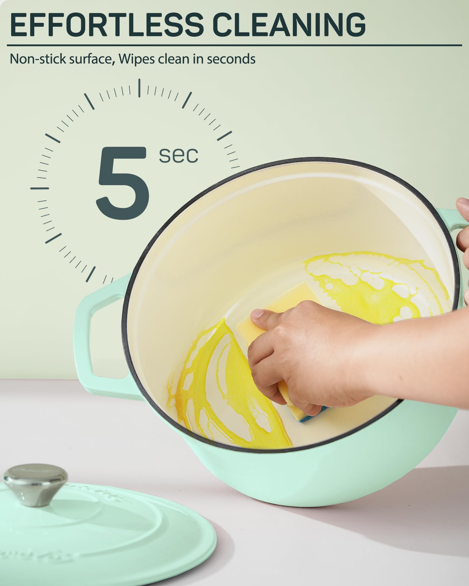 Enameled Cast Iron Dutch Oven, 4.4 qt / 4.16 L, Light Green — Ciwete (view 7)