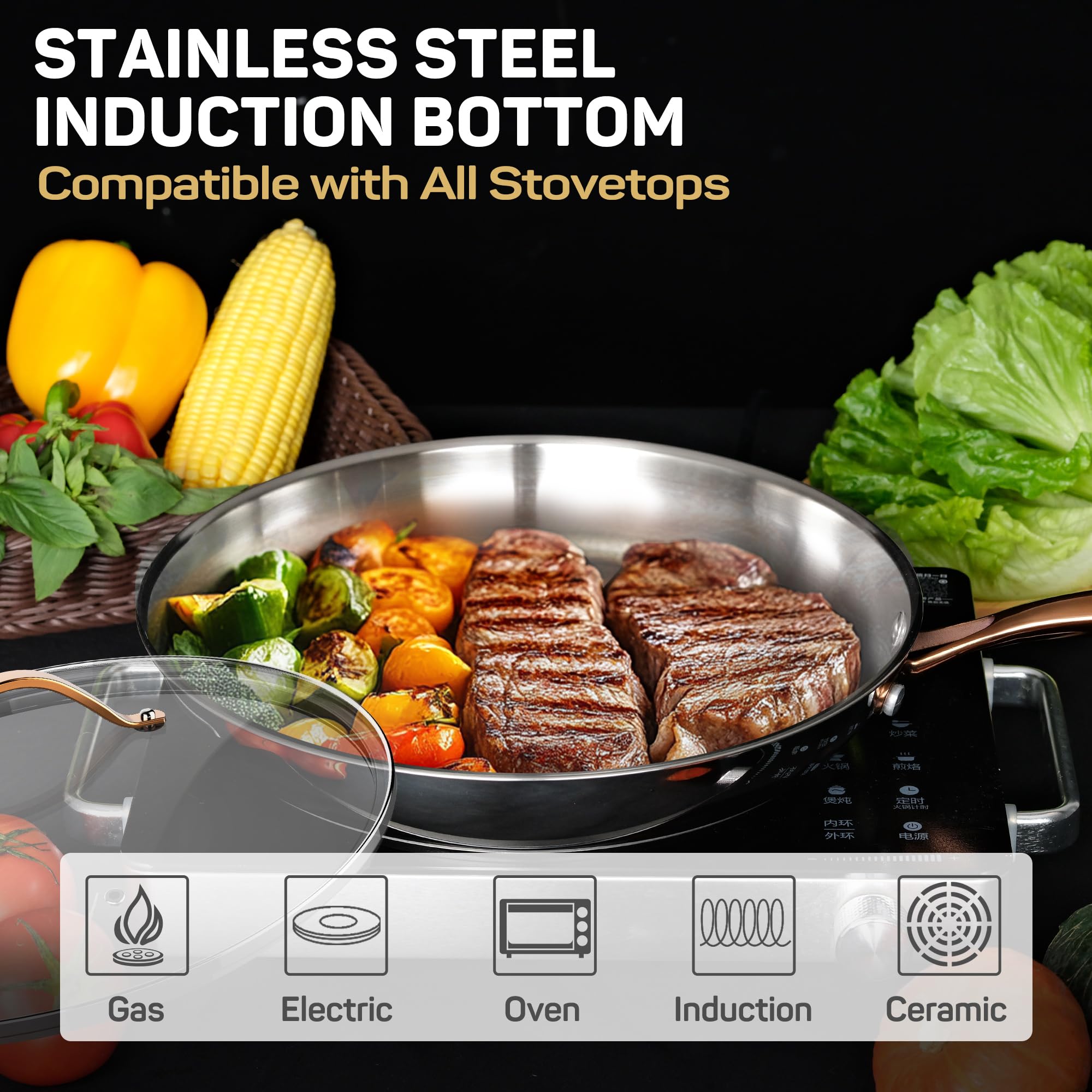 Stainless Steel Frying Pan with Lid, 12 in — Ciwete (view 7)