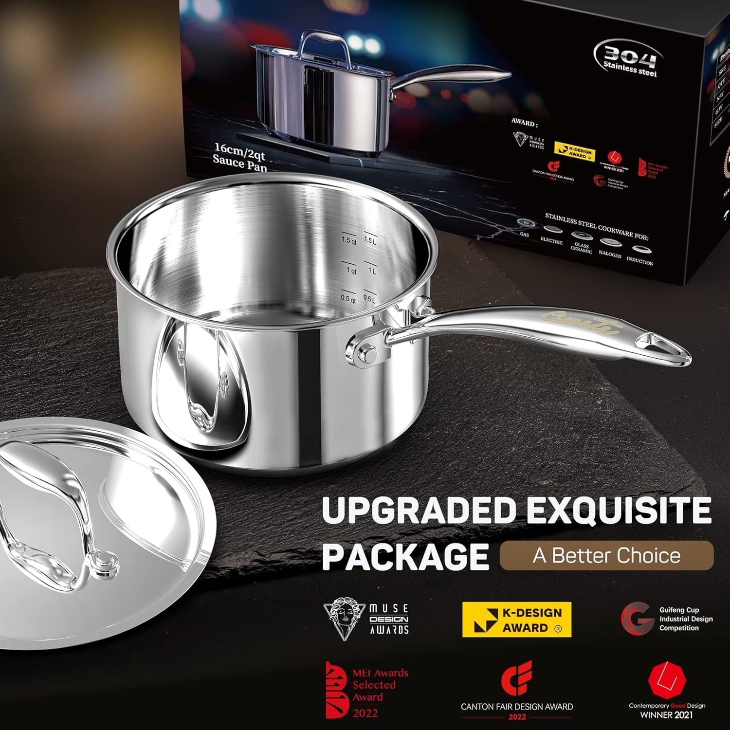 Stainless Steel Sauce Pan with Lid, 2 qt / 1.89 L — Ciwete (view 8)