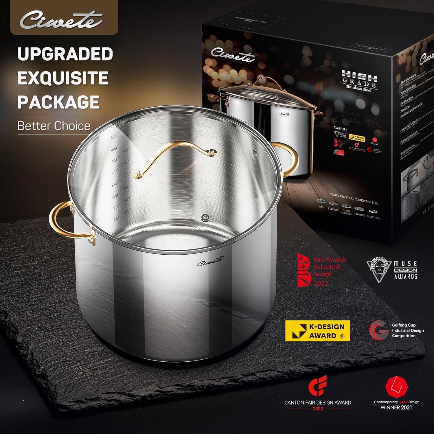 Stainless Steel Stock Pot with Lid, 20 qt / 18.93 L — Ciwete (view 8)