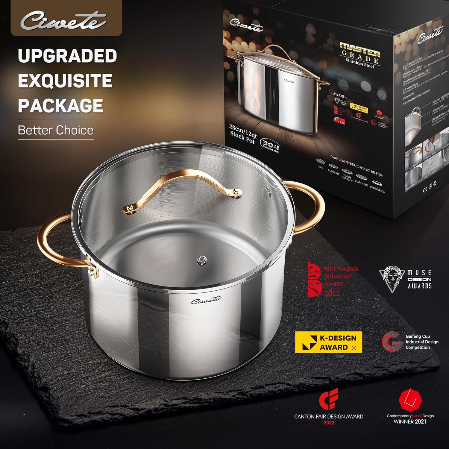 Stainless Steel Stock Pot with Lid, 12 qt / 11.36 L — Ciwete (view 9)